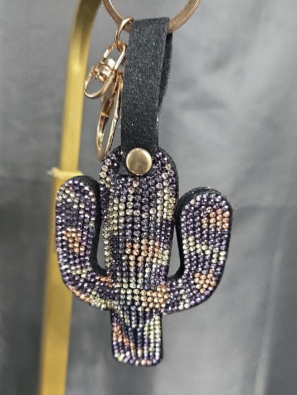 Wildflowers Cactus Keychain in Brown and Gold Rhinestones